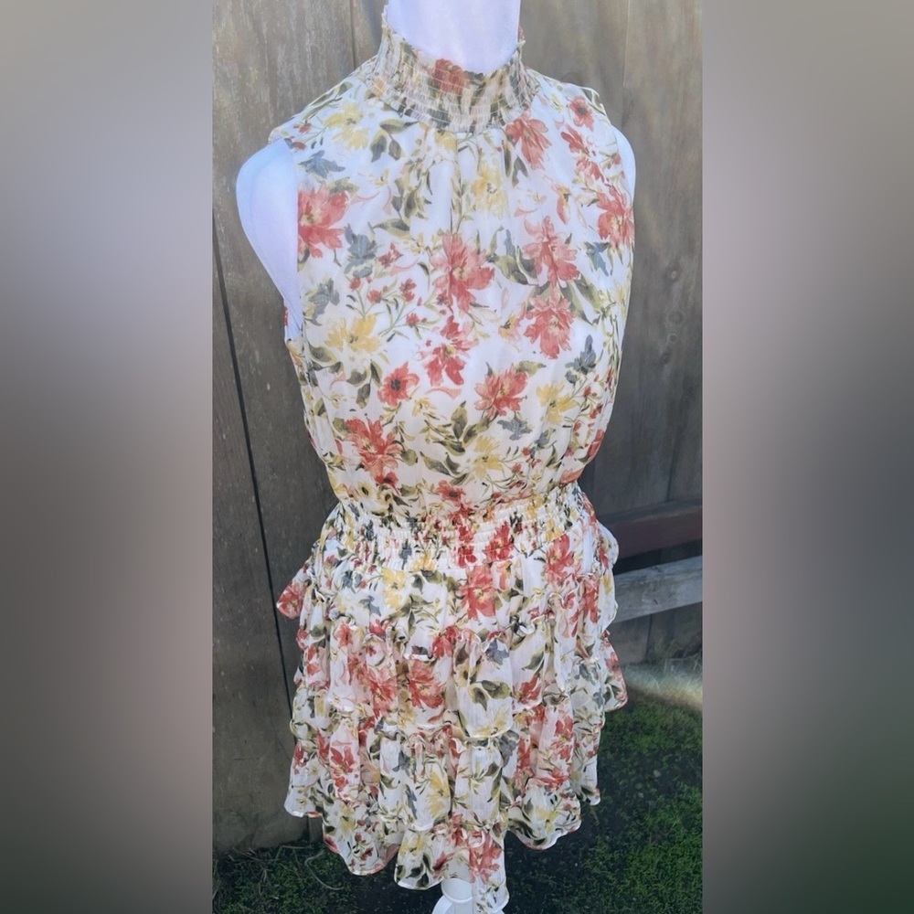 1.STATE Floral Ruffle Tiered Smocked Halter Dress Romantic Boho Small